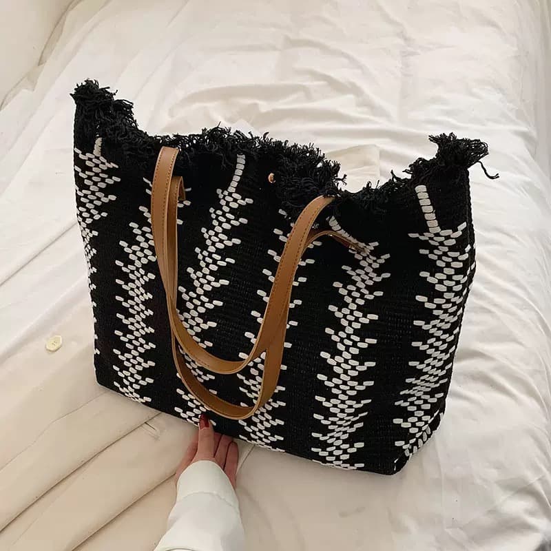 Grand sac cabas en toile pour femme –   , avec pompons, en coton et lin tissé, grande capacité, style simple et polyvent