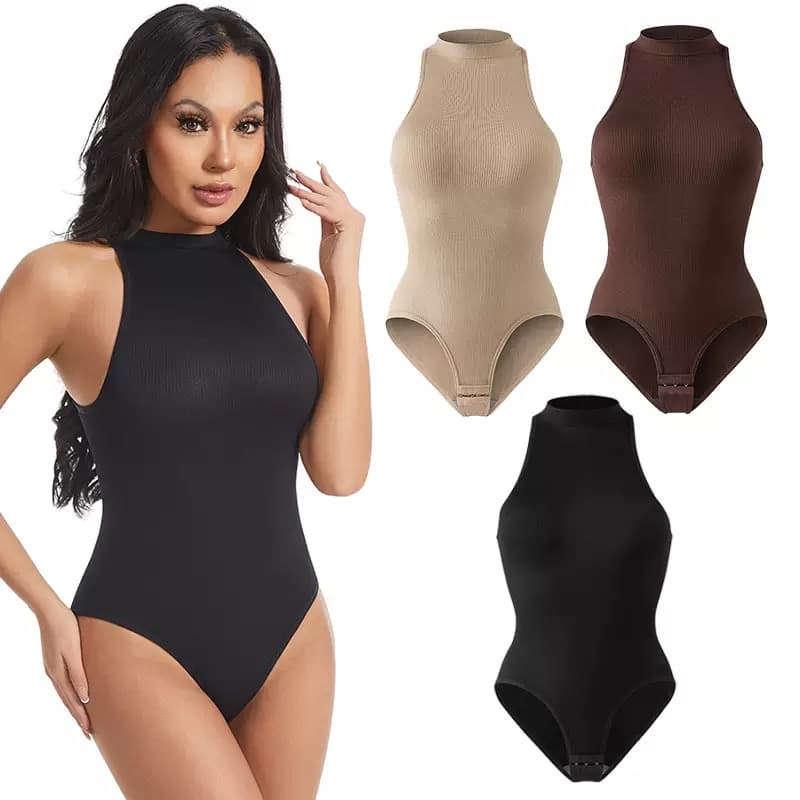 Body gainant sans manches pour femme, style européen et américain, col rond, fermeture boutonnée, coupe string, effet sculptant et maintien